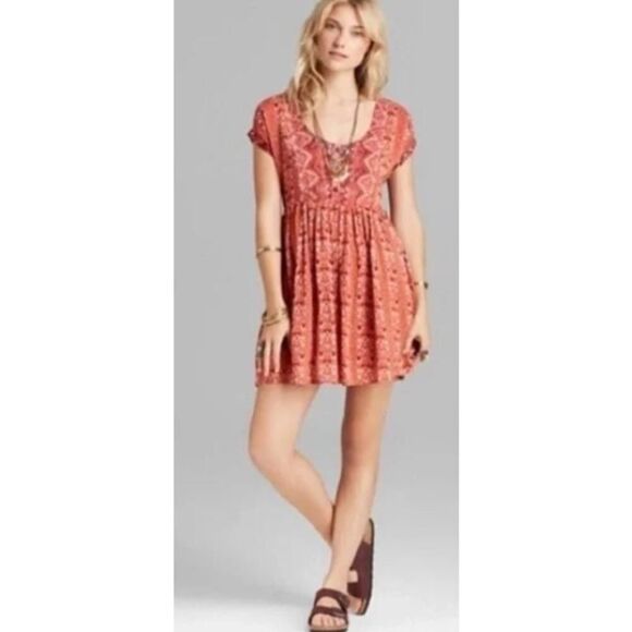 Free People Sundown Mini Dress Women Small Orange Scoop Neck Open Back Babydoll - Picture 14 of 14